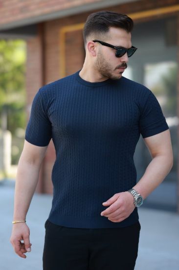 Erkek Bisiklet Yaka örgü Desenli Kısa örme Triko Kısa Kollu T-shirt resmi